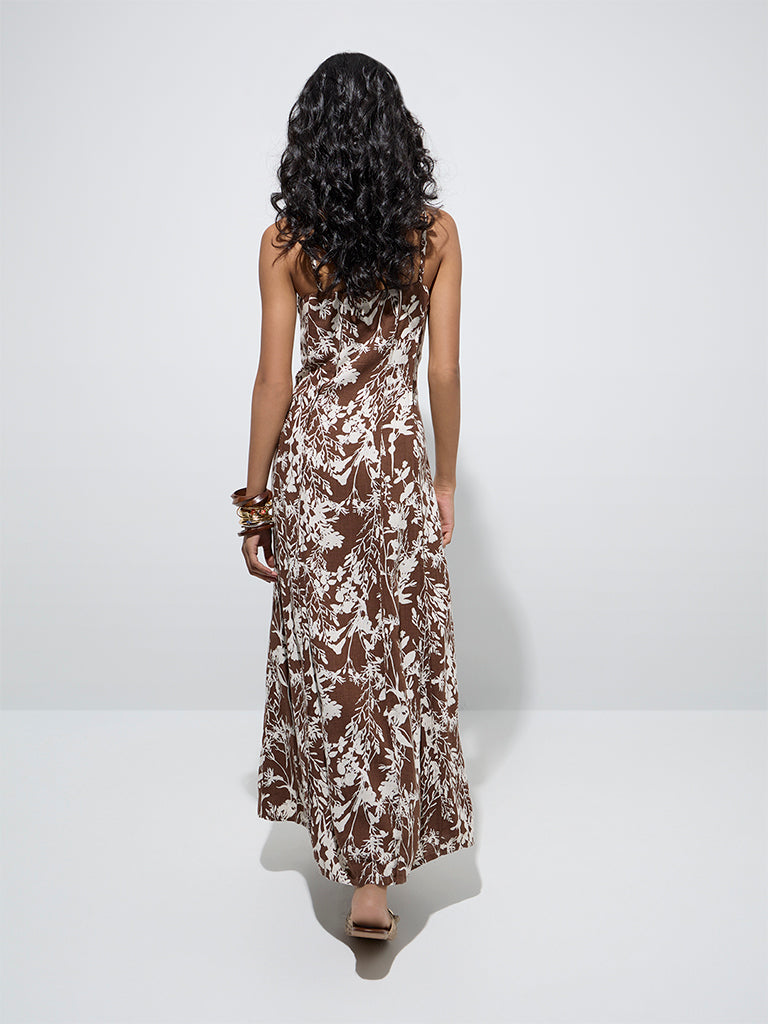 Westside LOV Women's Dark Brown Botanical Design A-Line Dress for Casual Wear Back View