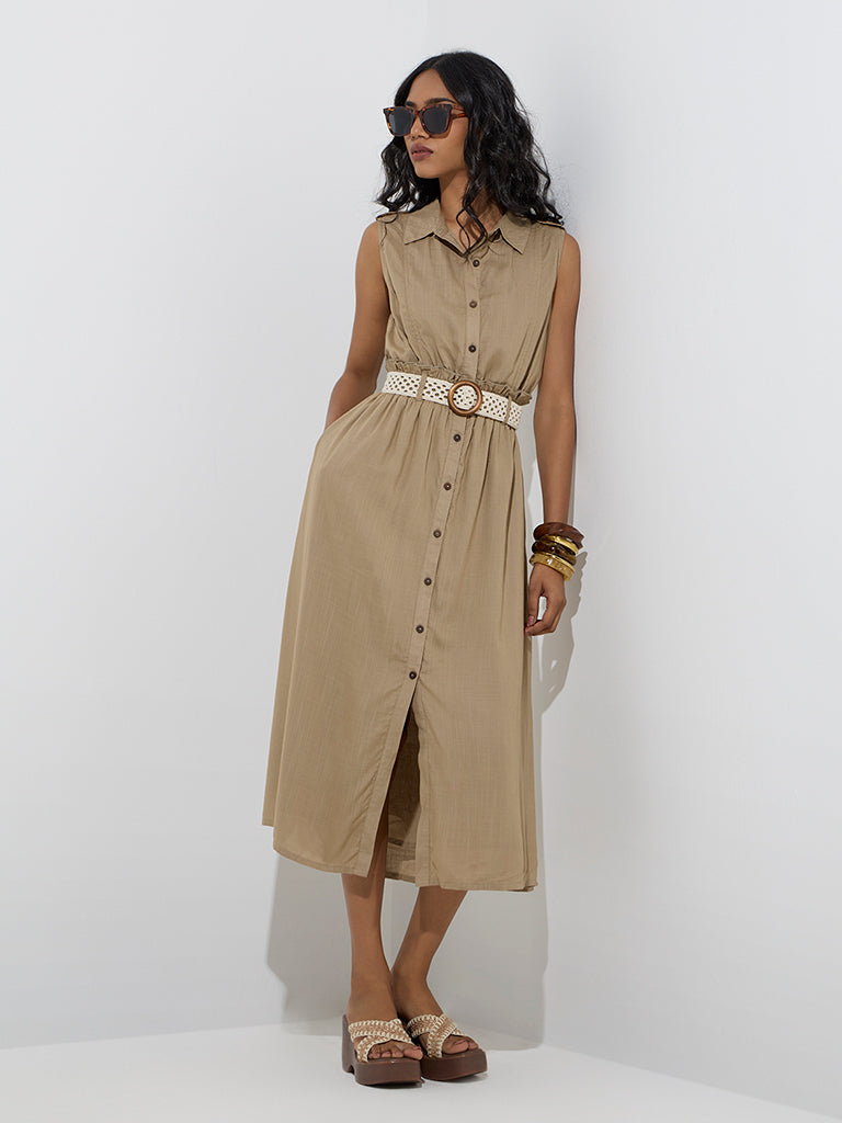 Westside LOV Women's Khaki Solid Linen Shirt Dress with Belt for Casual Wear Full Model View