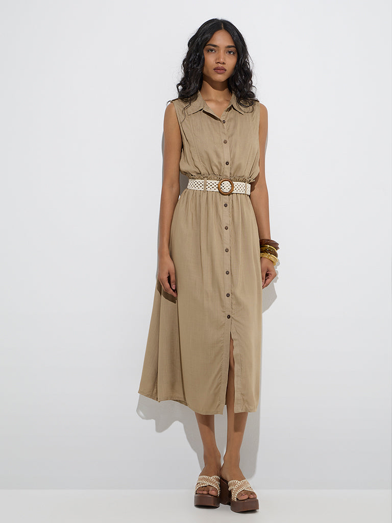 Westside LOV Women's Khaki Solid Linen Shirt Dress with Belt for Casual Wear Front View