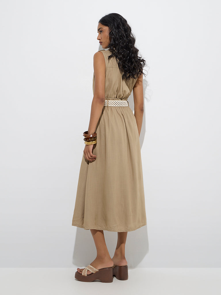 Westside LOV Women's Khaki Solid Linen Shirt Dress with Belt for Casual Wear Back View