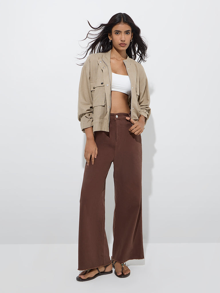 Westside LOV Women's Khaki Solid Jacket for Casual Wear Full Model View