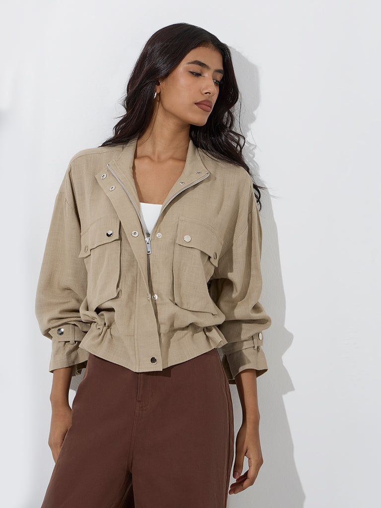 Westside LOV Women's Khaki Solid Jacket for Casual Wear Front View