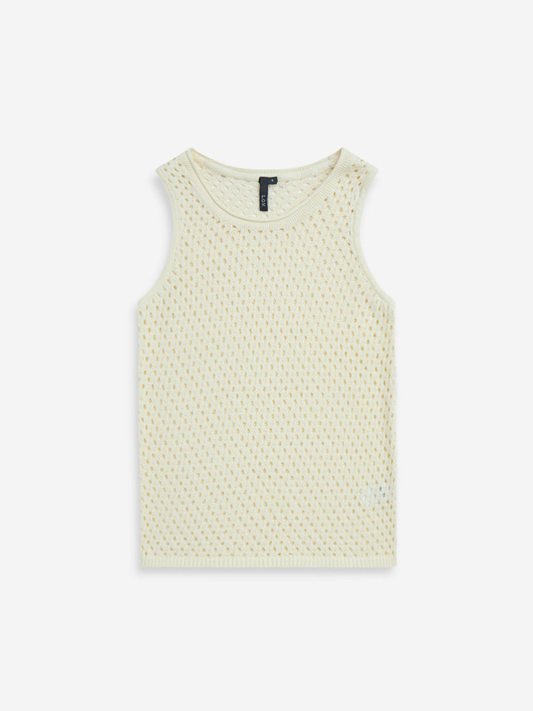Westside LOV Women's Off-White Crochet-Detailed Cotton Top for Casual Wear Flatly View