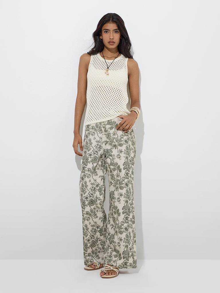 Westside LOV Women's Off-White Crochet-Detailed Cotton Top for Casual Wear Full Model View