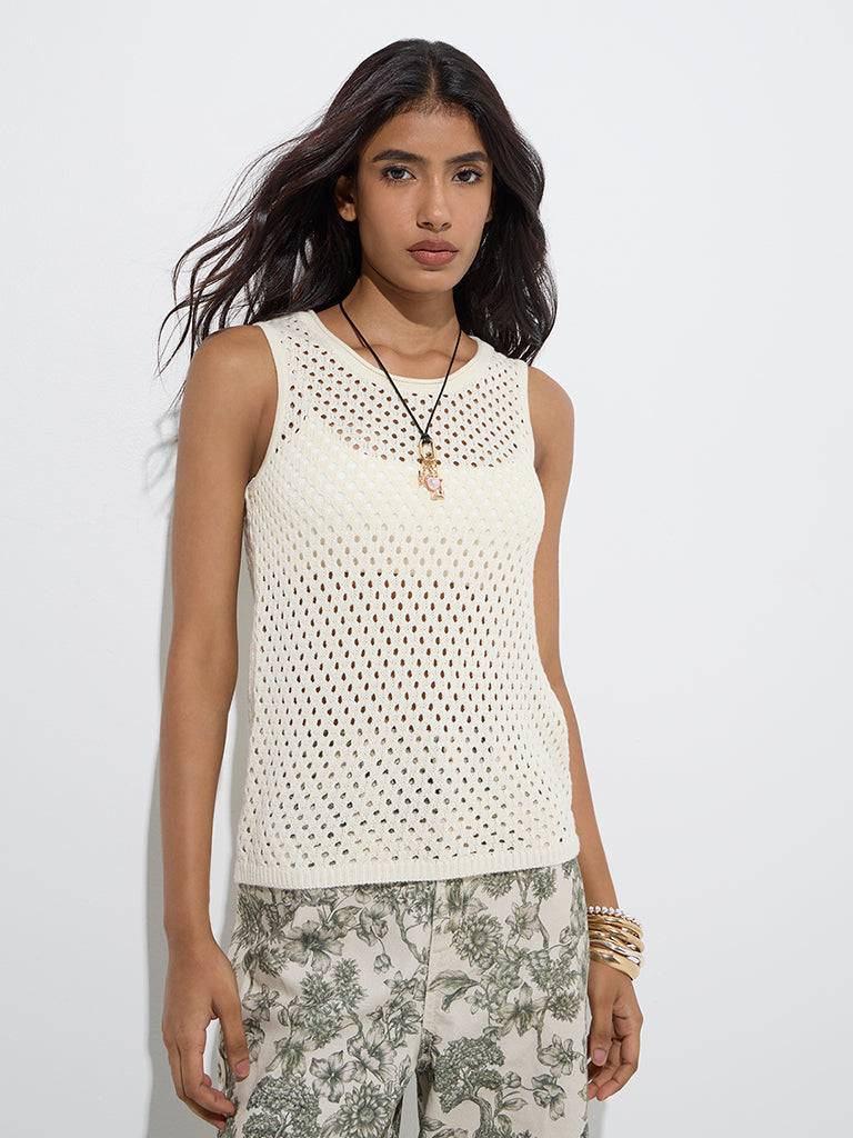 Westside LOV Women's Off-White Crochet-Detailed Cotton Top for Casual Wear Front View