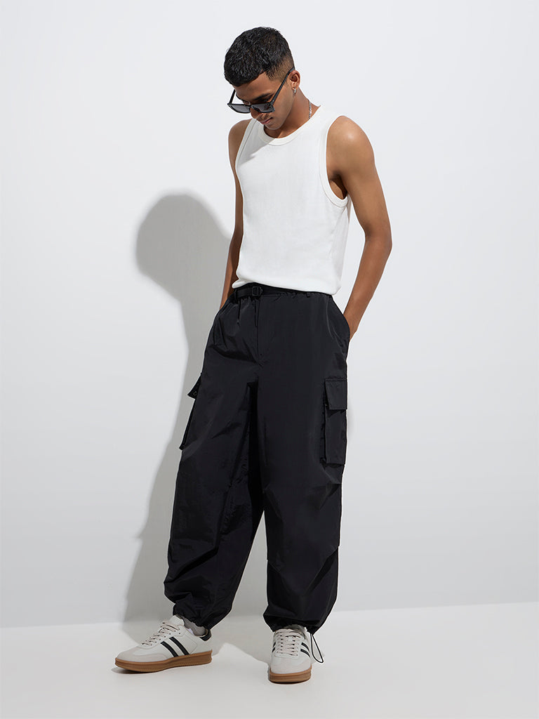Buy Nuon Black Cargo-Style Relaxed-Fit Mid-Rise Pants from Westside