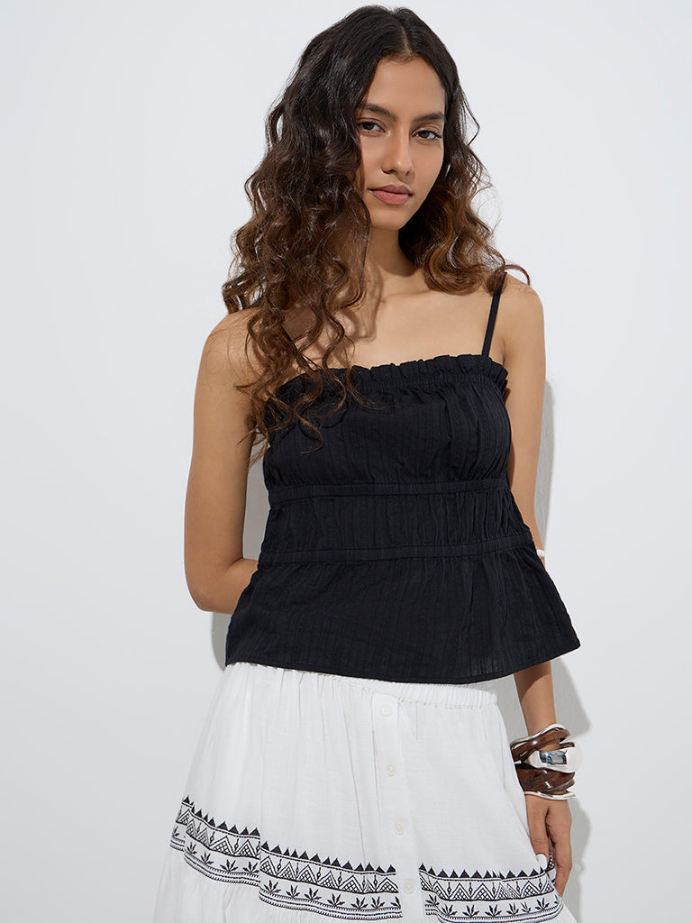 Westside Bombay Paisley Women's Black Smocked Cotton Top for Everyday Front View