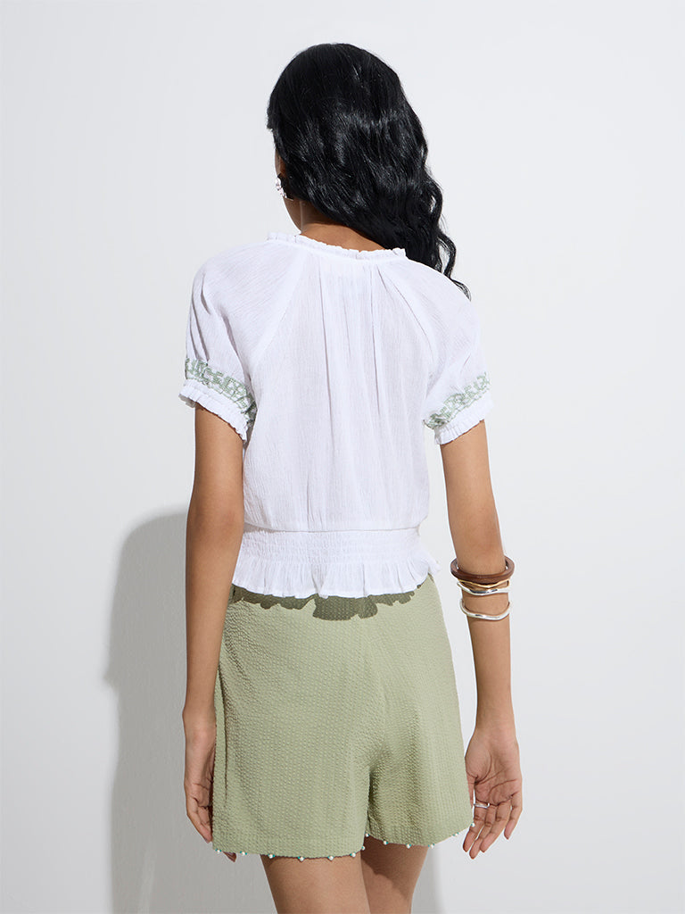 Westside Bombay Paisley Women's White Embroidered Cotton Top for Everyday Back View
