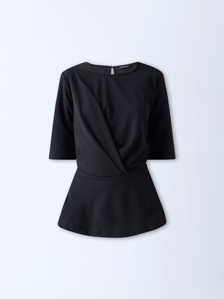 Westside Wardrobe Women's Black Solid Peplum Top for Work Wear Flatly
