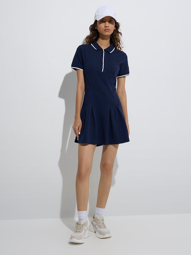 Westside Studiofit Women's Navy Pleated A-Line Dress for Sports Wear Full Model View