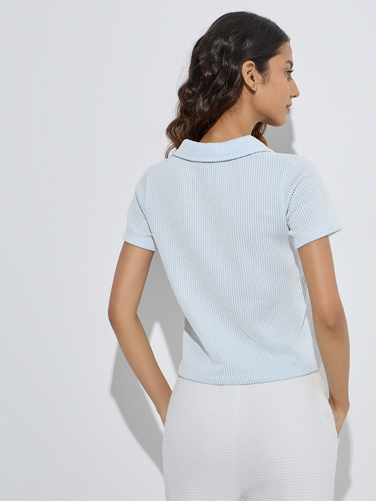 Westside Studiofit Women's Blue Stripe Printed Cotton-Blend Polo T-Shirt for Sports Wear Back View