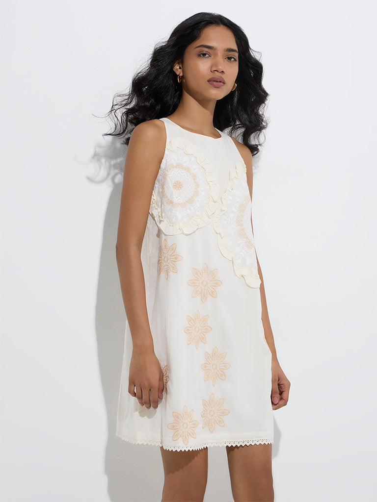 Westside LOV Women's Off-White Floral Cotton Shift Dress for Casual Wear Front View