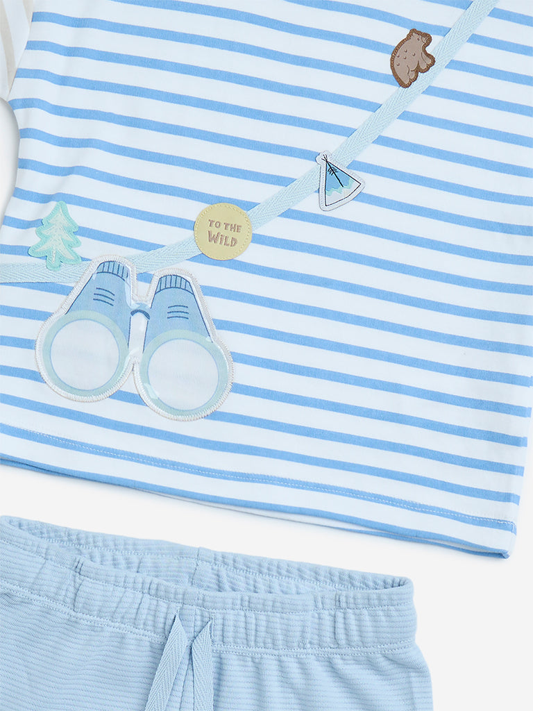 Westside HOP Baby Boys Blue Striped Cotton T-Shirt and Shorts Set for Casual Wear Zoom View