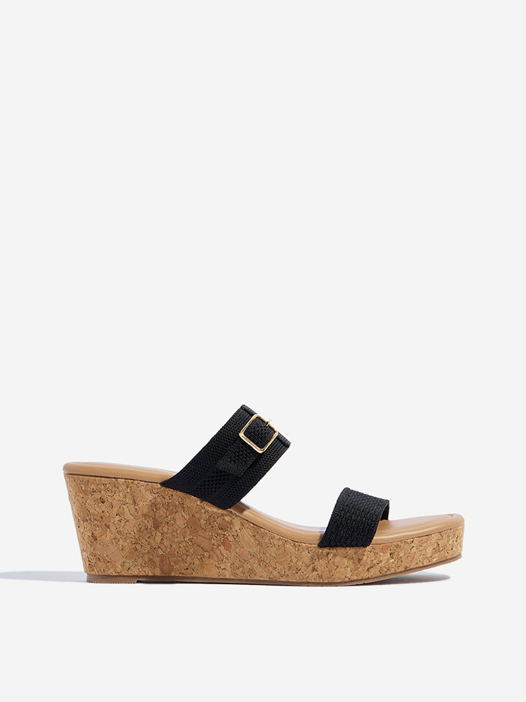 LUNA BLU Black Dual-Strap Wedge Sandals