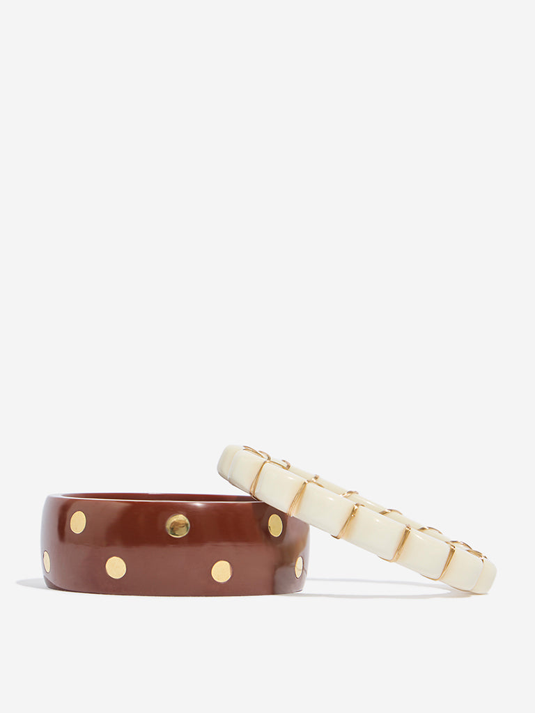 Westside Accessories Brown & Off-White Stamped and Flower Resin Bangles Set - Pack of 2
