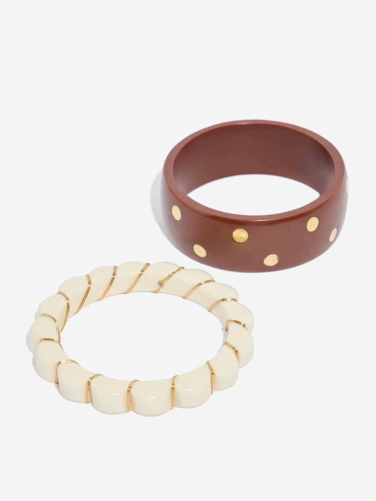 Westside Accessories Brown & Off-White Stamped and Flower Resin Bangles Set - Pack of 2