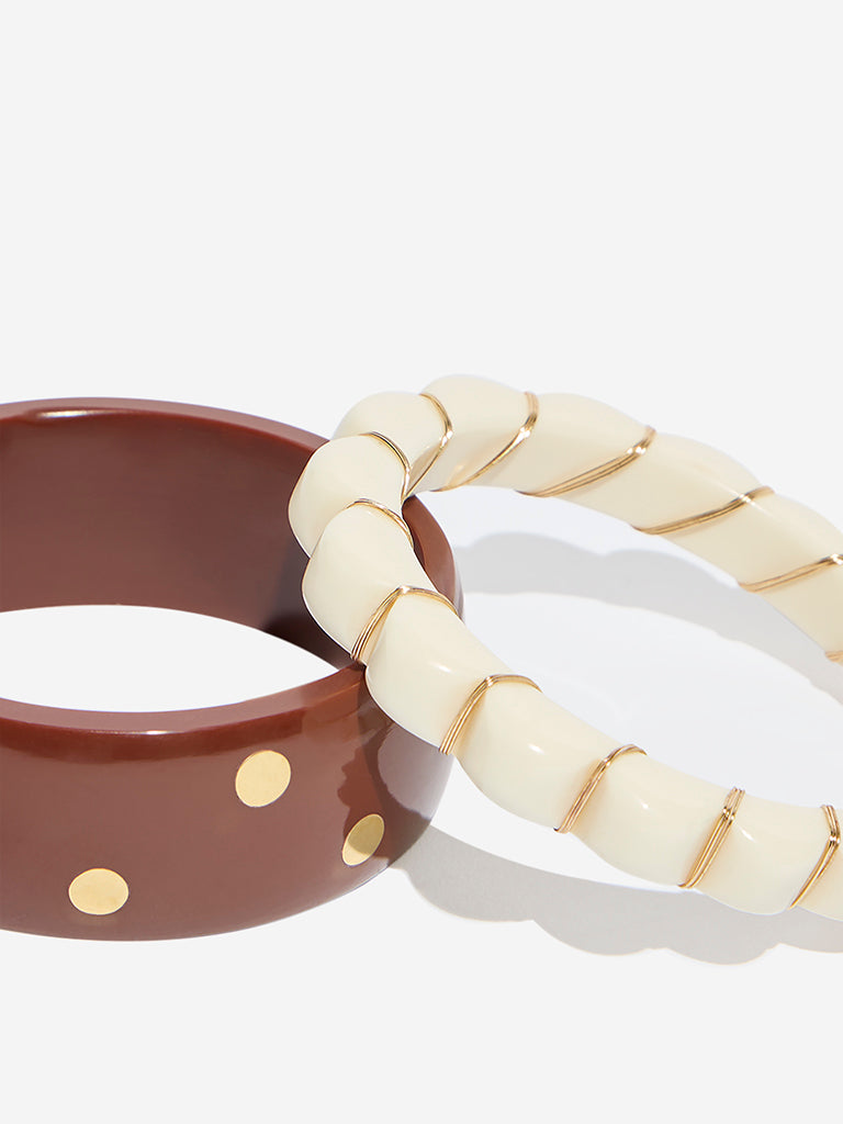 Westside Accessories Brown & Off-White Stamped and Flower Resin Bangles Set - Pack of 2
