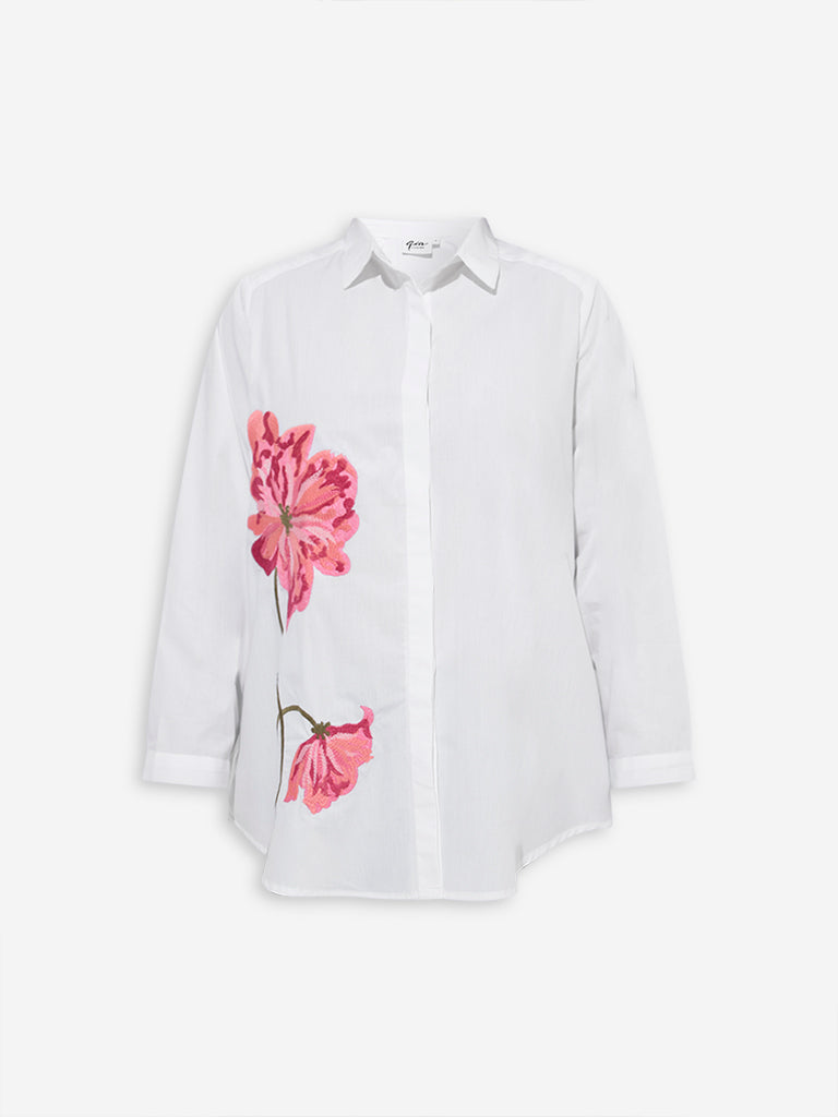Gia White Floral Embroidered Cotton Shirt