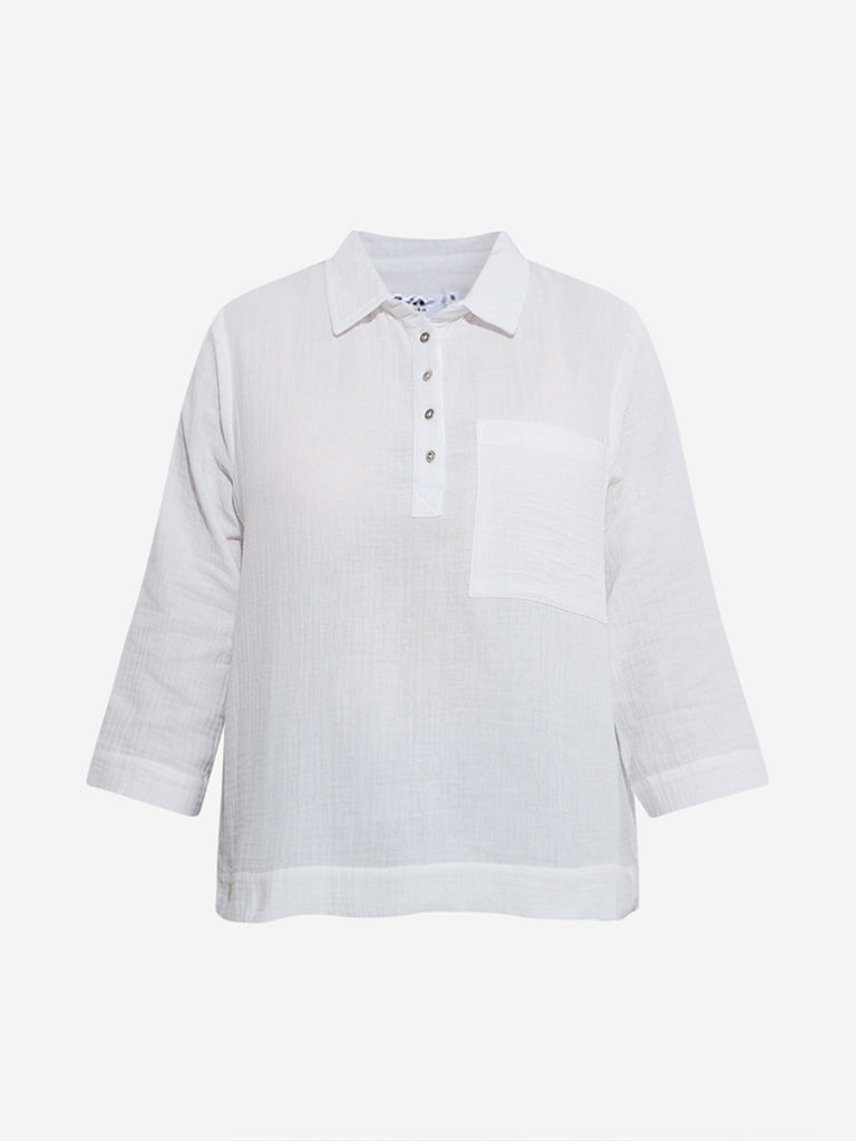 Westside Gia Women's White Crinkle-Textured Cotton Blouse for Casual Wear Flatly View