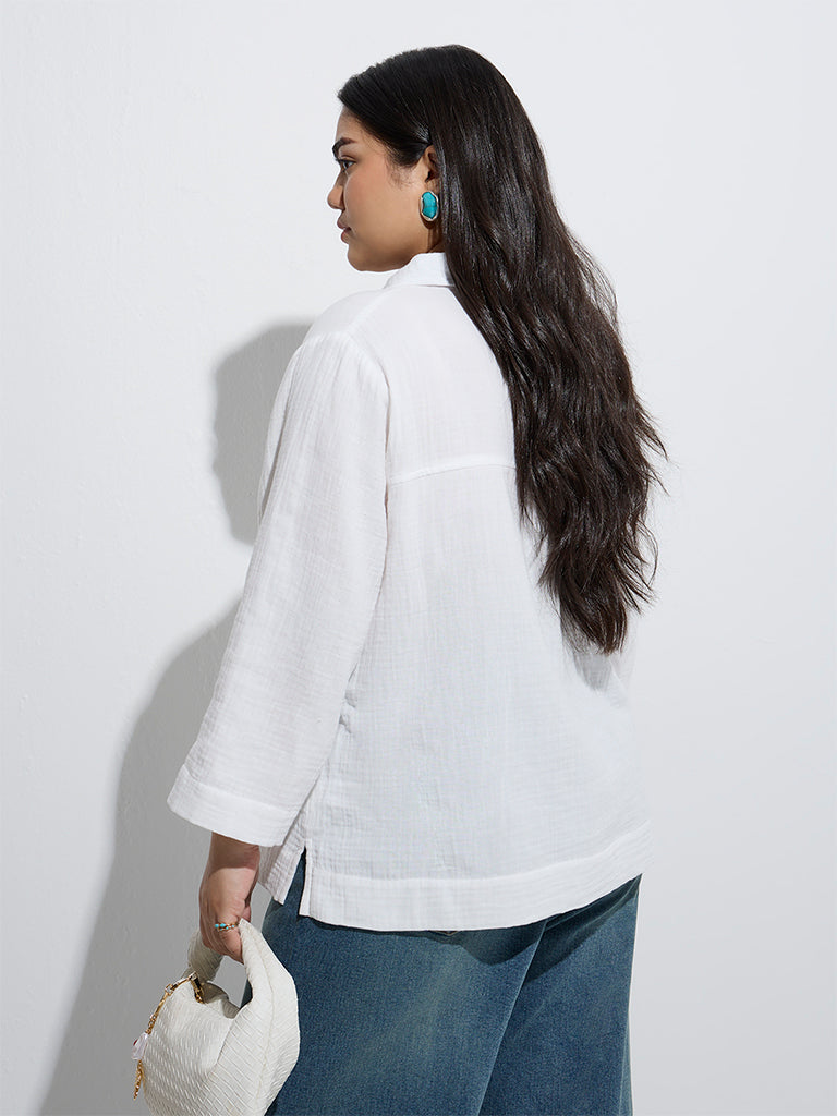 Westside Gia Women's White Crinkle-Textured Cotton Blouse for Casual Wear Back View