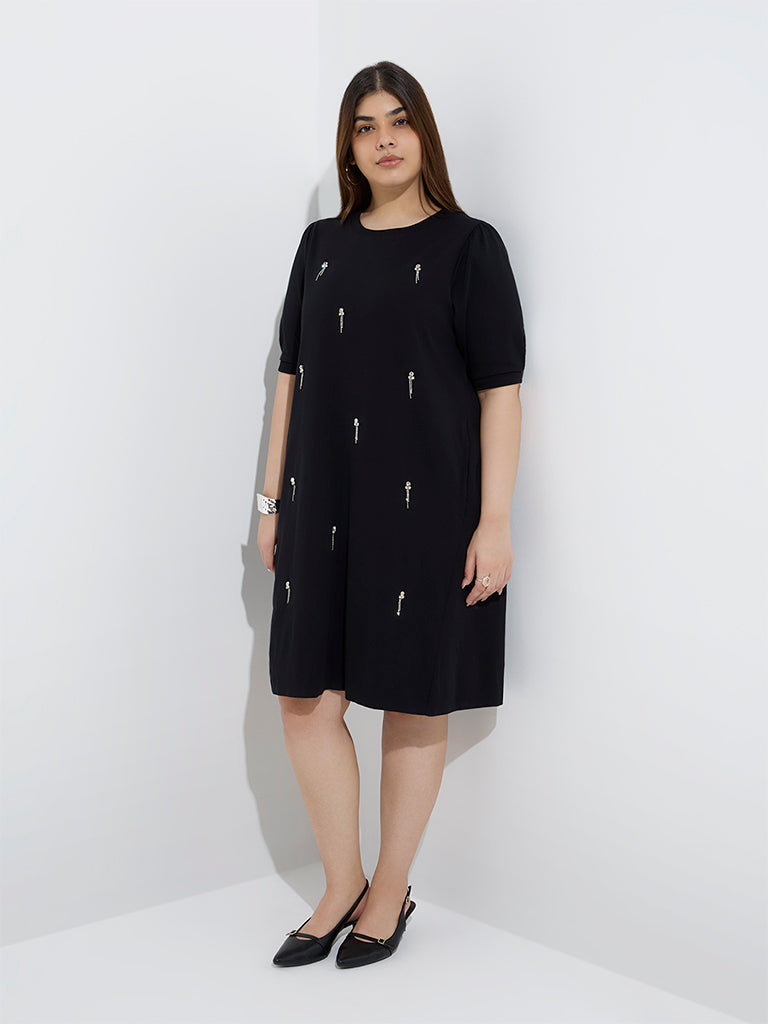Westside Gia Women's Black Embellished Cotton A-Line Dress for Casual Wear Model Front View