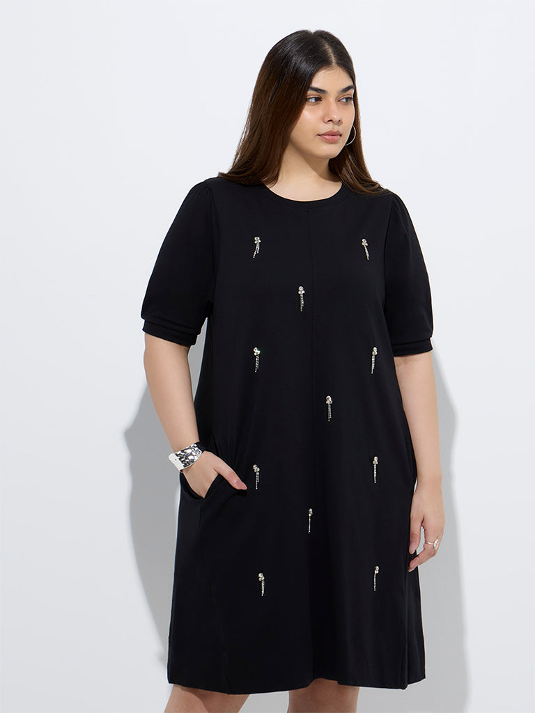 Westside Gia Women's Black Embellished Cotton A-Line Dress for Casual Wear Front View