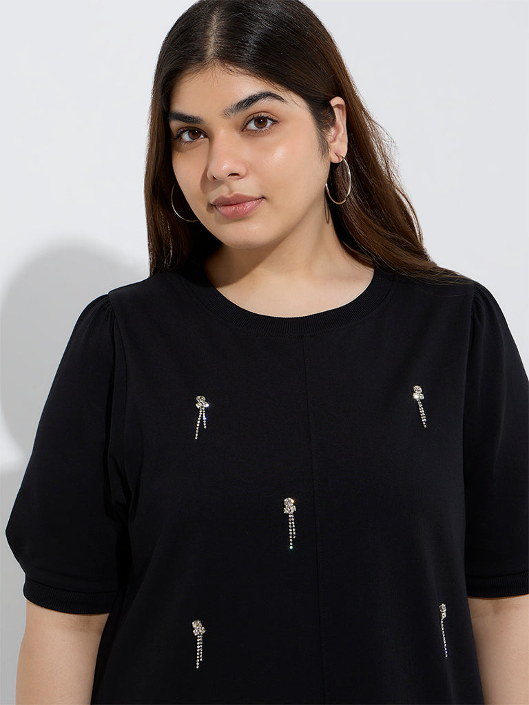 Westside Gia Women's Black Embellished Cotton A-Line Dress for Casual Wear Zoom View