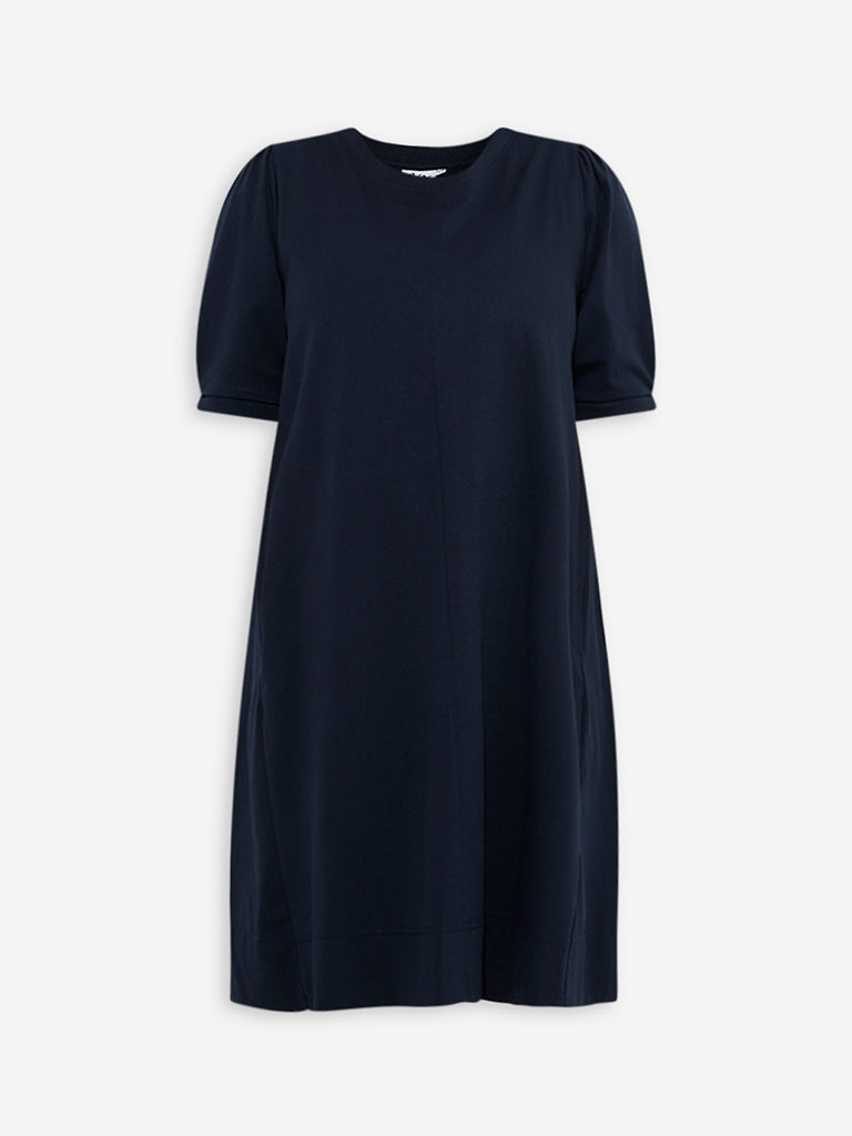 Westside Gia Women's Navy Solid Cotton Straight Dress for Casual Wear Flatly View