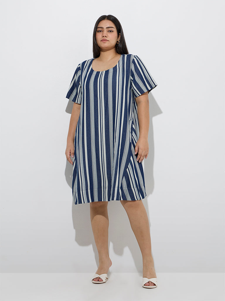 Westside Gia Women's Blue Stripe Pattern Denim Straight Dress for Casual Wear Front View