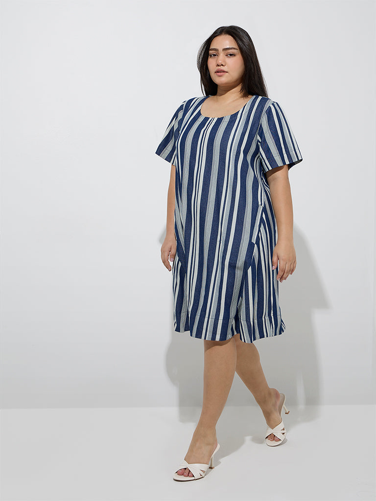 Westside Gia Women's Blue Stripe Pattern Denim Straight Dress for Casual Wear Full Model View