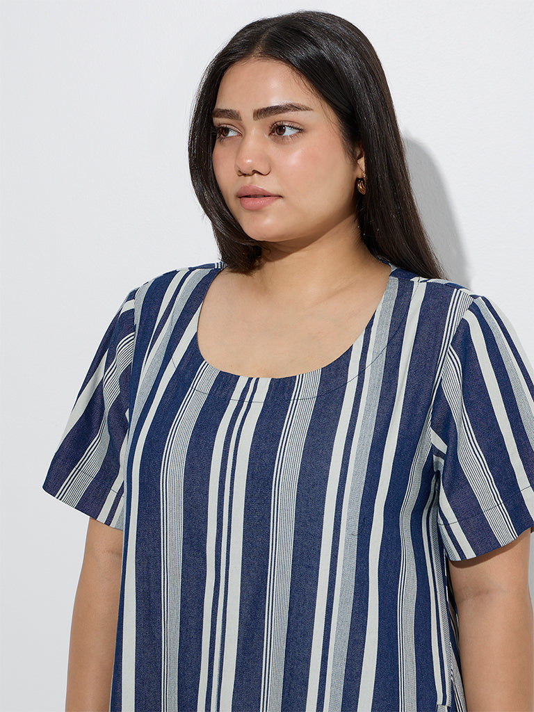 Westside Gia Women's Blue Stripe Pattern Denim Straight Dress for Casual Wear Zoom View