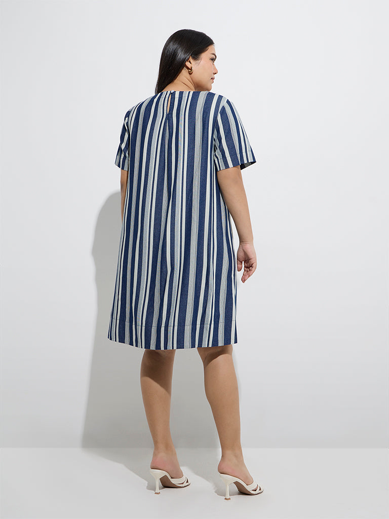 Westside Gia Women's Blue Stripe Pattern Denim Straight Dress for Casual Wear Back View