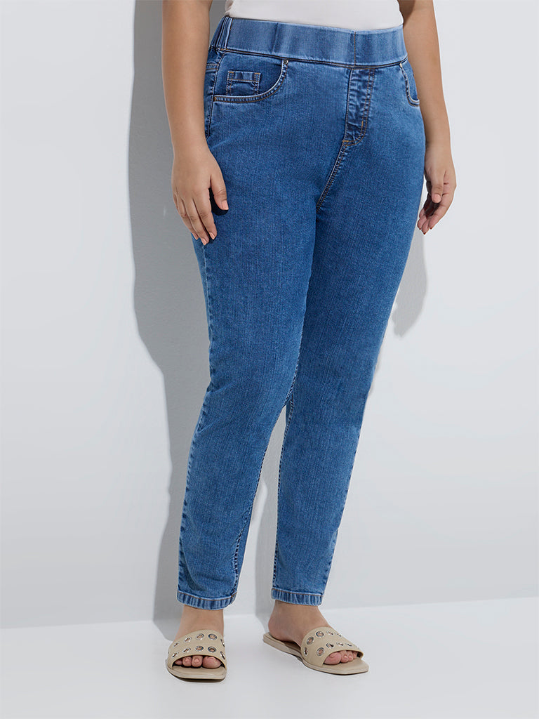 Westside Gia Women's Blue High-Rise Denim Jeggings for Casual Wear Front View