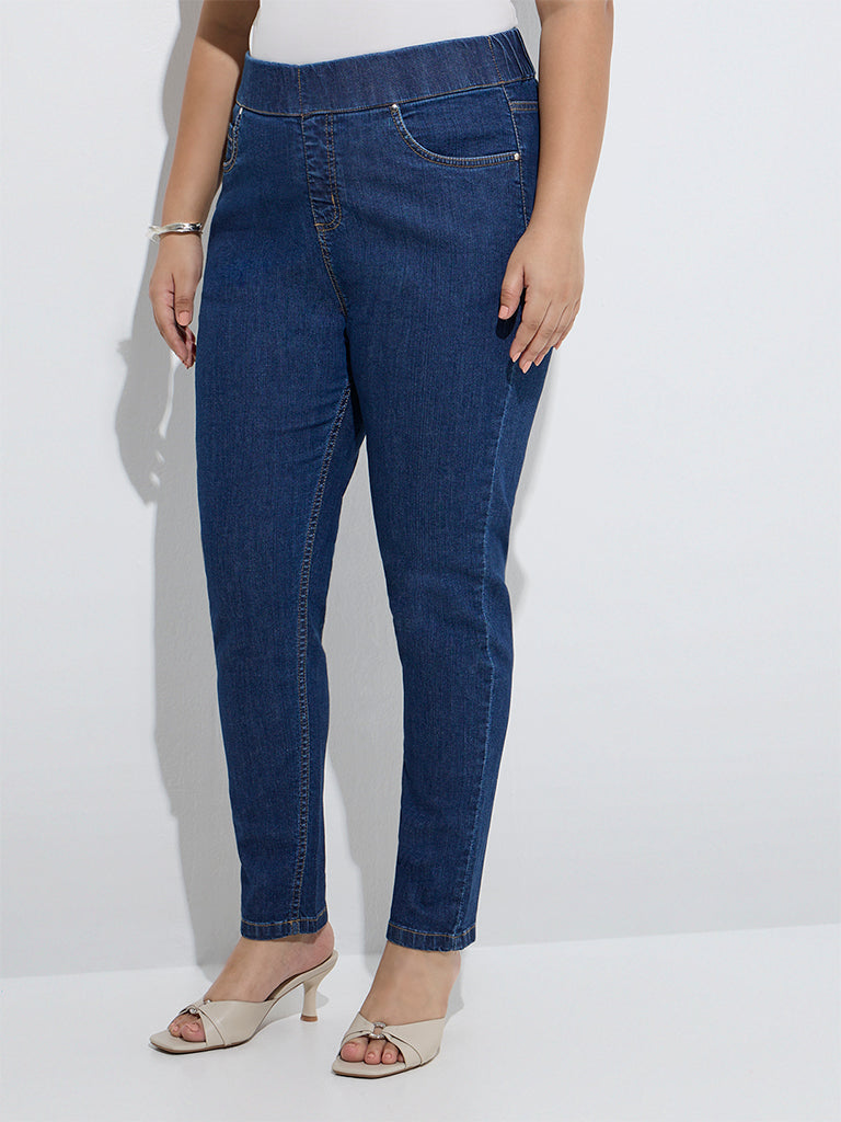 Westside Gia Women's Dark Blue High-Rise Denim Jeggings for Casual Wear Front View