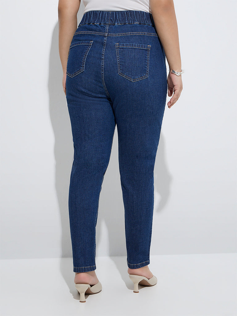 Westside Gia Women's Dark Blue High-Rise Denim Jeggings for Casual Wear Back View