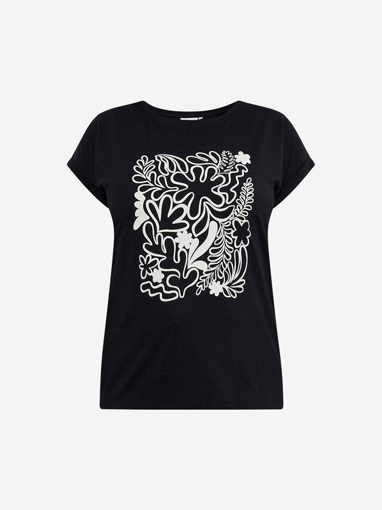 Westside Gia Women's Black Printed Cotton T-Shirt for Casual Wear Flatly View