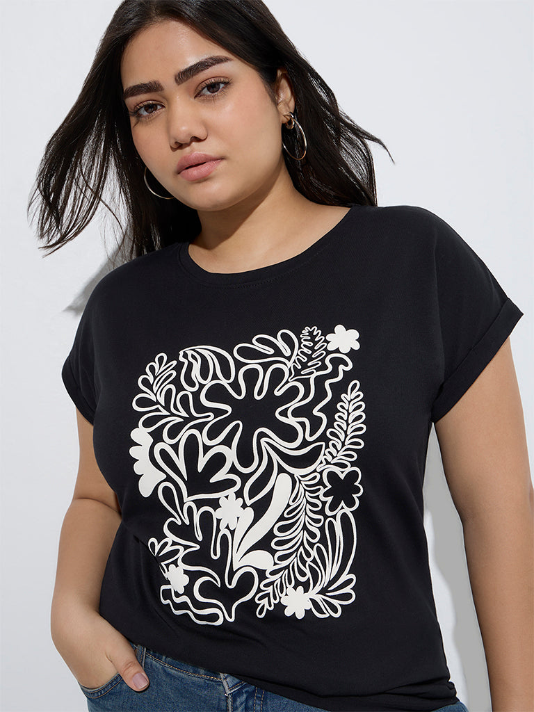 Westside Gia Women's Black Printed Cotton T-Shirt for Casual Wear Zoom View