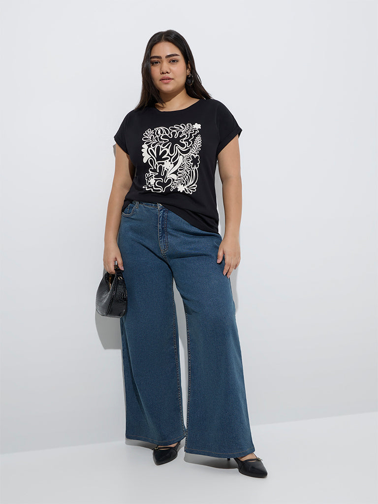 Westside Gia Women's Black Printed Cotton T-Shirt for Casual Wear Full Model View