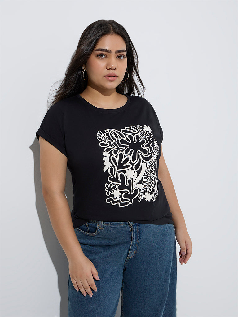 Westside Gia Women's Black Printed Cotton T-Shirt for Casual Wear Zoom View