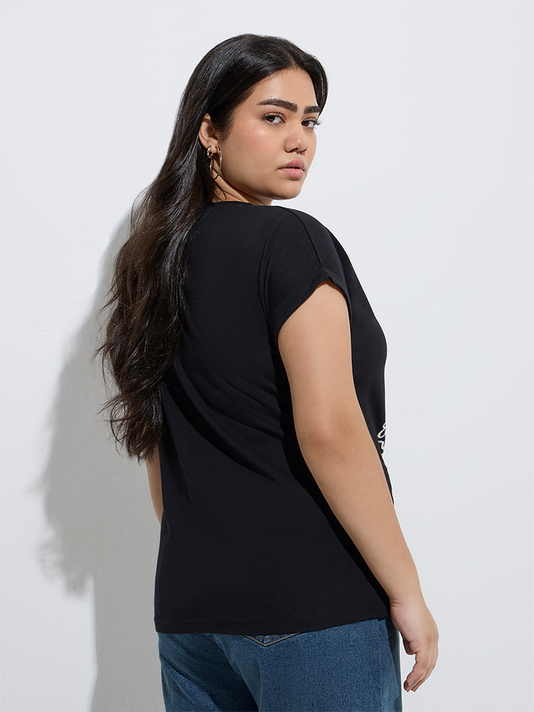Westside Gia Women's Black Printed Cotton T-Shirt for Casual Wear Back View