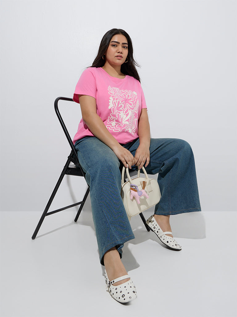 Westside Gia Women's Pink Printed Cotton T-Shirt for Casual Wear Full Model View