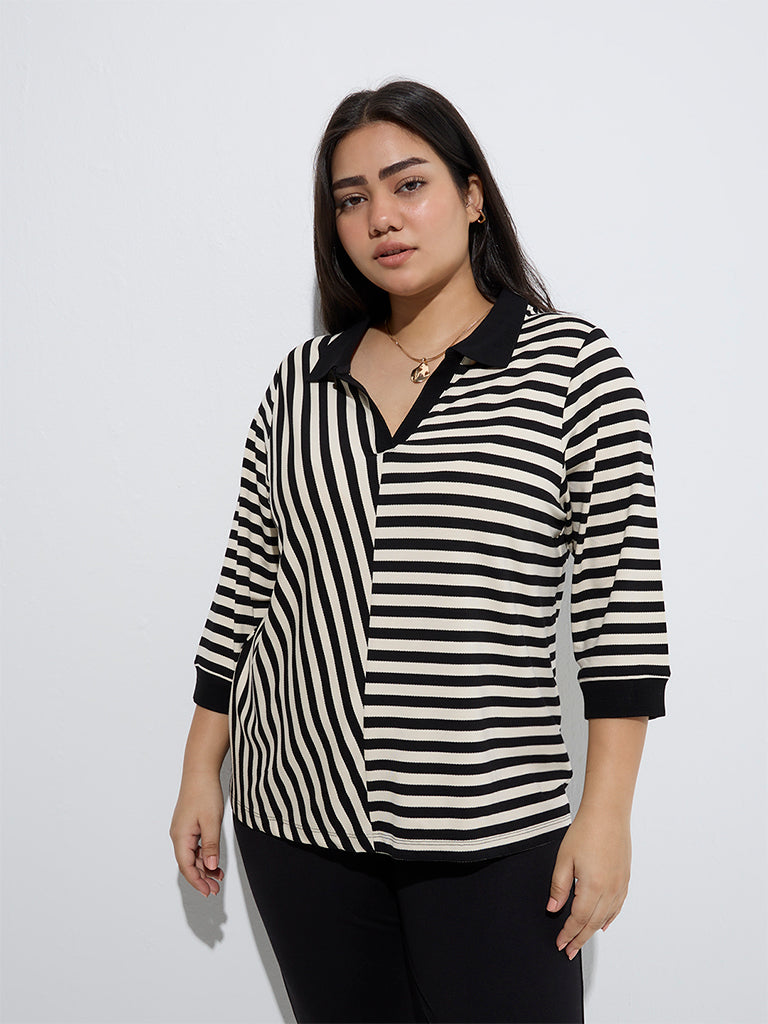 Westside Gia Women's Black Stripe Printed T-Shirt for Casual Wear Front View