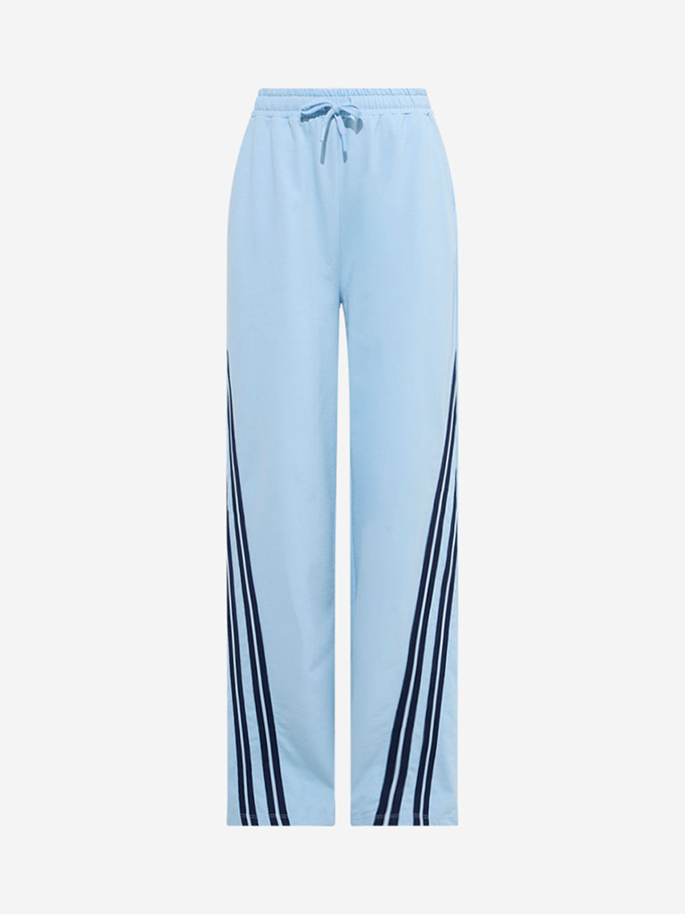 Westside Studiofit Women's Light Blue Striped High-Rise Cotton Track Pants for Sports Wear Flatly View