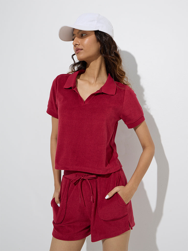 Studiofit Maroon Textured Polo T-Shirt1