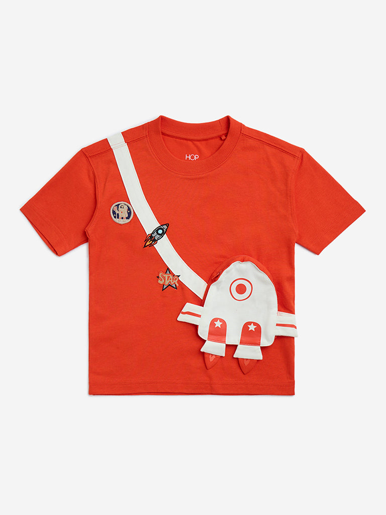 Westside HOP Kids Orange Pouch-Detailed Cotton T-Shirt for Casual Wear Front View
