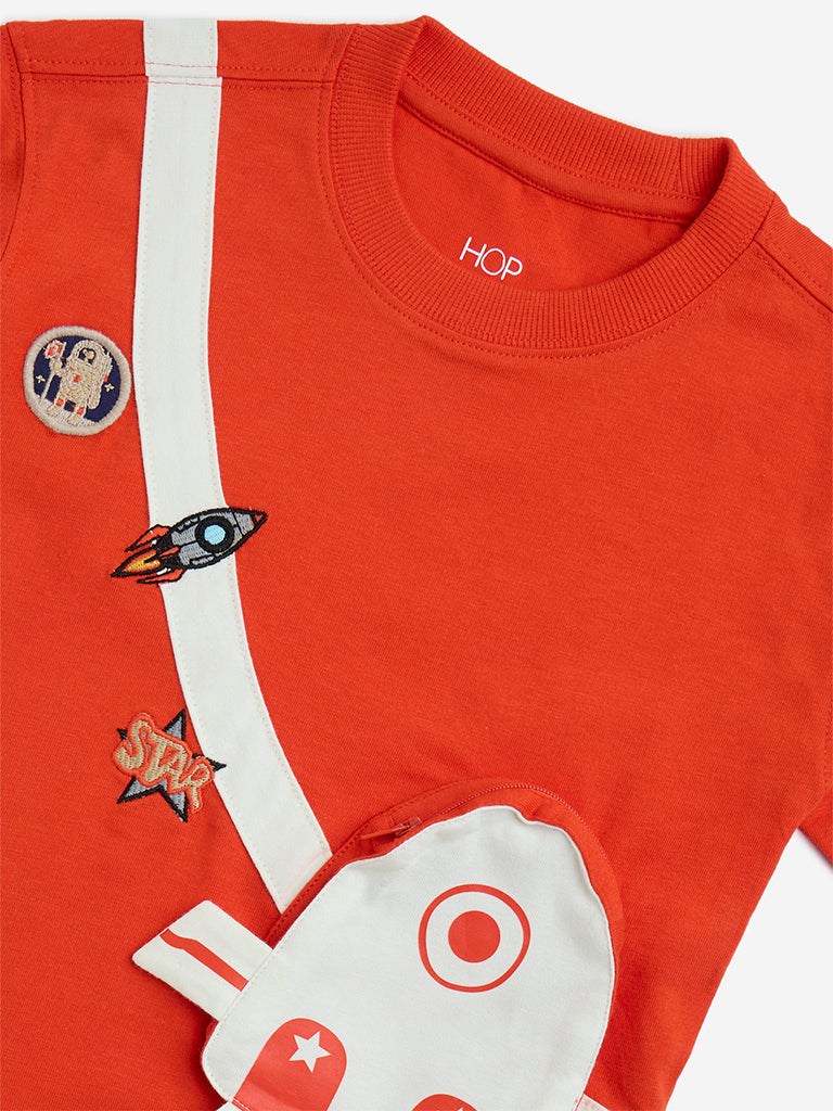 Westside HOP Kids Orange Pouch-Detailed Cotton T-Shirt for Casual Wear Zoomed View