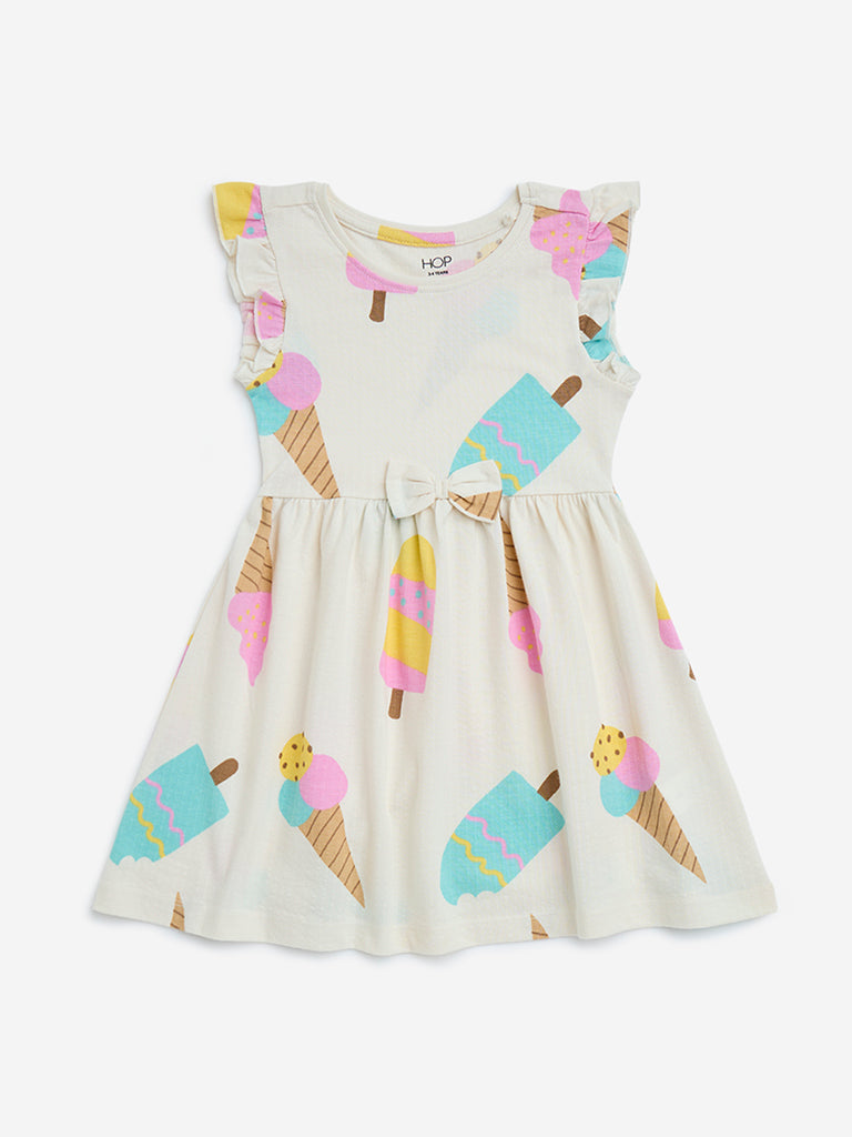 Westside HOP Kids Girls' Off-White Ice Cream Printed Cotton A-Line Dress for Casual Wear Front View