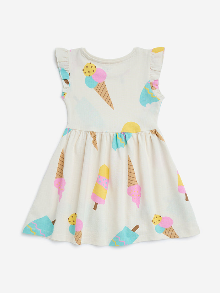 Westside HOP Kids Girls' Off-White Ice Cream Printed Cotton A-Line Dress for Casual Wear Back View