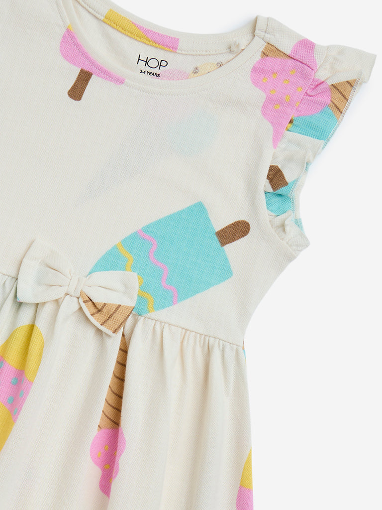 Westside HOP Kids Girls' Off-White Ice Cream Printed Cotton A-Line Dress for Casual Wear Zoom View