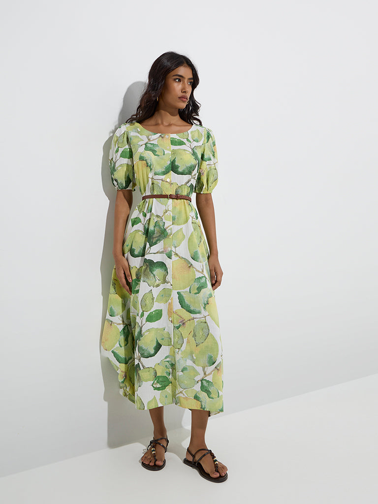 Utsa Lime Botanical Design Cotton A-Line Dress with Belt